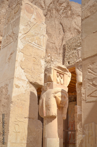 Hathorian column column in the mortuary temple of Hatshepsut  located opposite the city of Luxor, Egypt