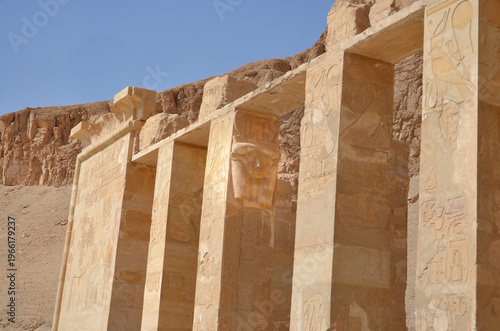 Hathorian column column in the mortuary temple of Hatshepsut  located opposite the city of Luxor, Egypt