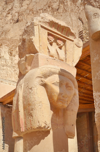 Hathorian column column in the mortuary temple of Hatshepsut  located opposite the city of Luxor, Egypt