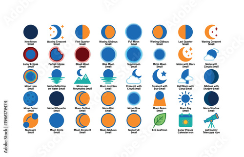 Collection of Moon Phases and Celestial Event Icons for Educational Purposes