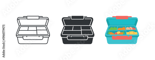 Colorful bento box with food compartments and three different illustration styles