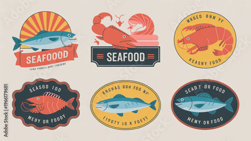 Seafood label illustrations with fish and crustaceans