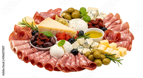Italian antipasto platter with cured meats and cheeses, gourmet charcuterie board with prosciutto and salami, Mediterranean appetizer selection on white