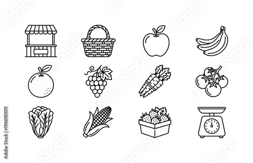 Collection of fresh produce and market stall icons for healthy eating and shopping