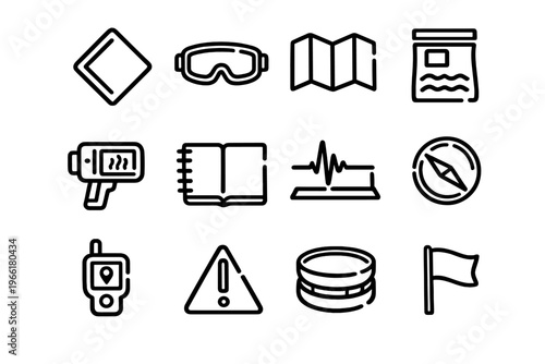 A set of twelve minimalist black line icons representing outdoor