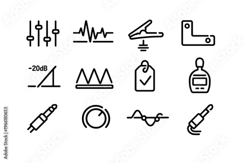 A collection of twelve minimalist black line icons representing audio