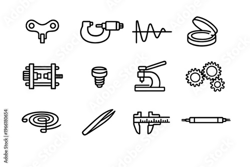 A collection of twelve minimalist black line icons representing