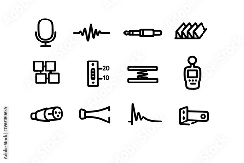 A set of twelve minimalist line icons representing audio equipment