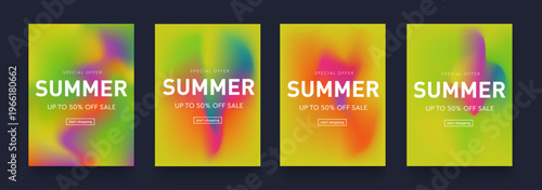 Summer Liquid 3D Gradient Design. Set Fluid Texture with Pink, Green, Orange, Yellow Colors. Background Retro Art for Advertising, Web, Social Media, Poster, Banner, Cover. Vector Illustration