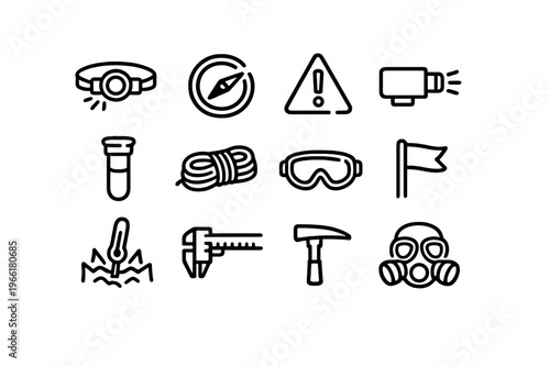 A set of twelve minimalist black line icons representing geology and