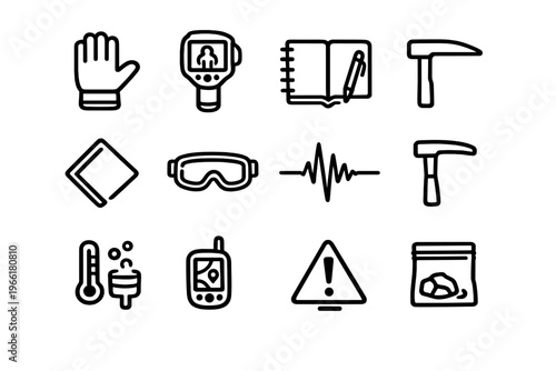 A collection of twelve black and white line icons representing