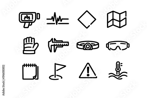 A collection of twelve minimalist black line icons representing