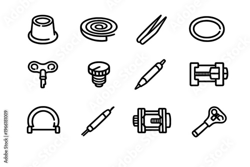 A set of twelve minimalist line icons depicting various watchmaking