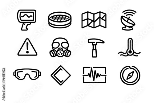 A collection of twelve black and white line icons representing