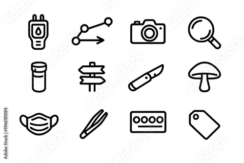 A set of twelve minimalist black outline icons on a white background