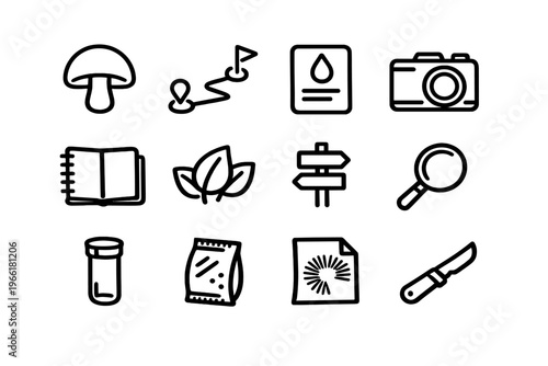 A collection of twelve minimalist black and white line icons
