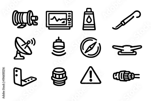 A collection of twelve minimalist line icons representing marine and