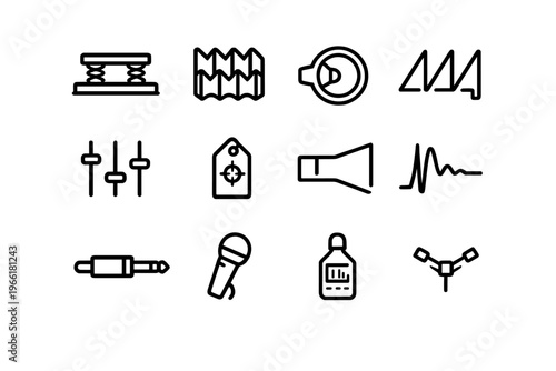 A collection of twelve minimalist black line icons representing audio