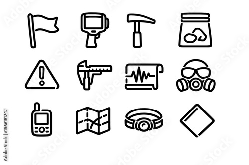 A collection of hand-drawn icons related to geology, mining, and