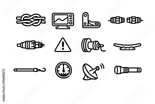 A collection of twelve minimalist black and white line icons