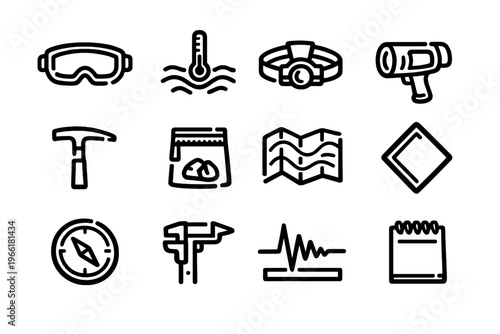A collection of twelve black line icons representing geological