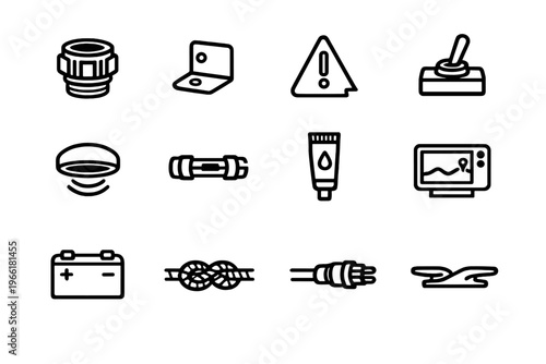 A set of twelve minimalist line icons representing various marine and