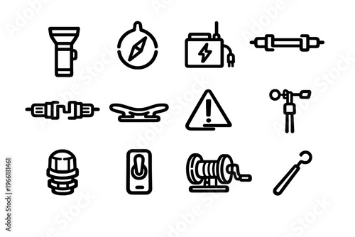 A collection of twelve minimalist black line icons representing