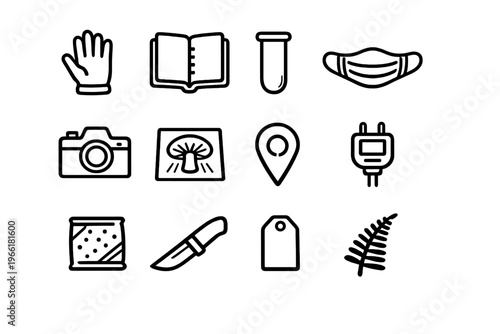 A collection of twelve hand-drawn black and white icons featuring