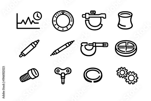 A set of twelve minimalist line icons representing industrial