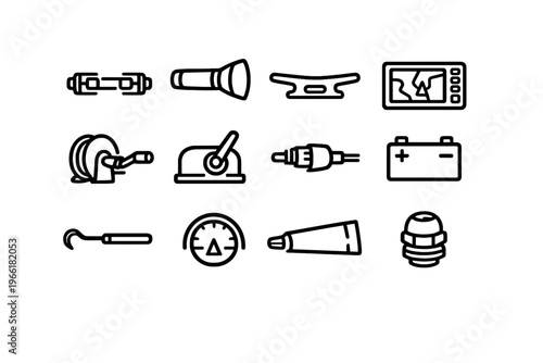 A collection of twelve minimalist black line icons representing