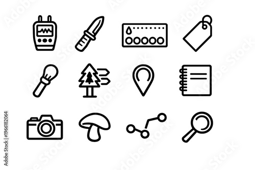 A collection of twelve minimalist black line icons on a white