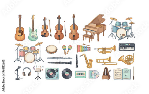 A colorful collection of various musical instruments and accessories