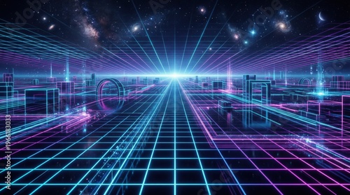 Neon lit futuristic cityscape with grid pattern and bright light