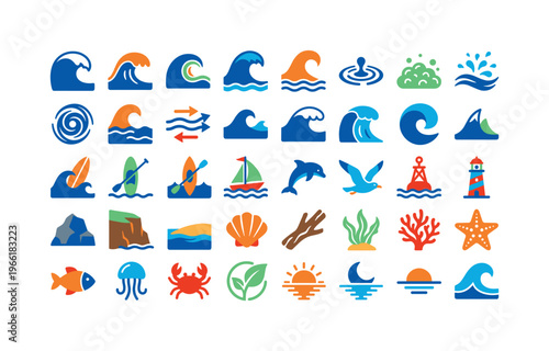 Collection of stylized marine and ocean life icons in vibrant colors