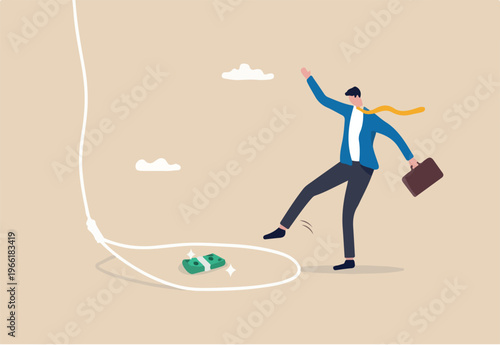 Money trap to trick greed people, danger fraud or threat to attack victim, financial or investment problem concept, greed businessman try to step into tricky rope trap to get money banknotes