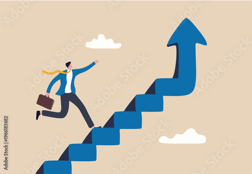 Improvement or career growth, stairway to success, growing income or improve skill to achieve business target concept, confidence businessman step walking up stair of success with rising up