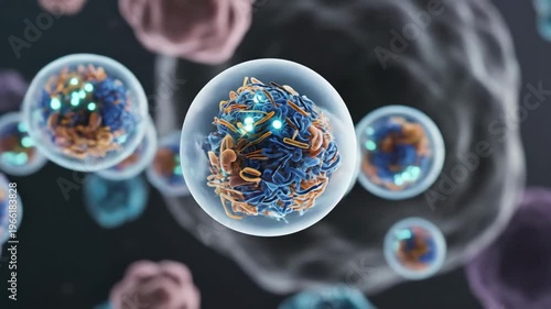 Exosomes released from cellular membranes into the extracellular environment are visualized as nanoscopic lipid bilayer vesicles carrying RNA, proteins, and molecular cargo essential to intercellular