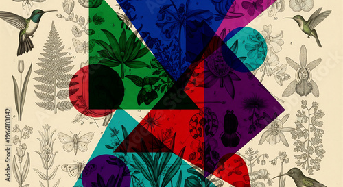 Wallpaper Mural A fascinating abstract artwork combines detailed black-and-white botanical illustrations of various plants, leaves, and diverse fauna including hummingbirds and butterflies, with overlapping Torontodigital.ca