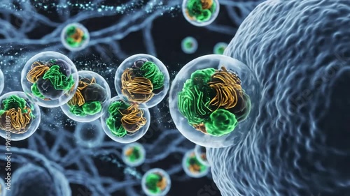 Exosomes released from cellular membranes into the extracellular environment are visualized as nanoscopic lipid bilayer vesicles carrying RNA, proteins, and molecular cargo essential to intercellular
