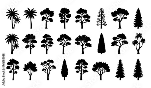 Diverse Tree Silhouette Collection from Tropical Temperate and Boreal Zones Minimal Vector Set