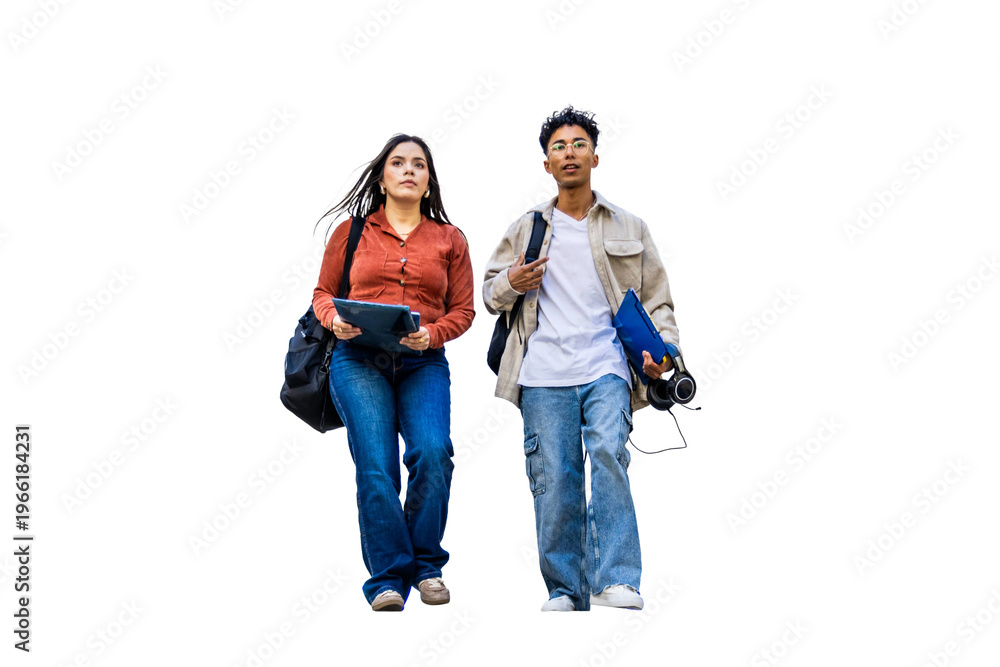 Fototapeta premium Diverse students walking, carrying school supplies, ready for learning and education. PNG