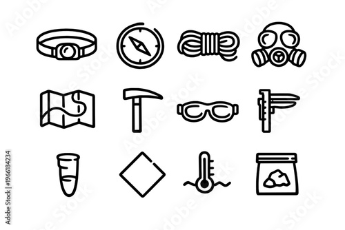 A collection of twelve black line icons representing exploration and