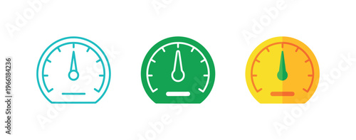 Three speedometers in different colors showing moderate speed