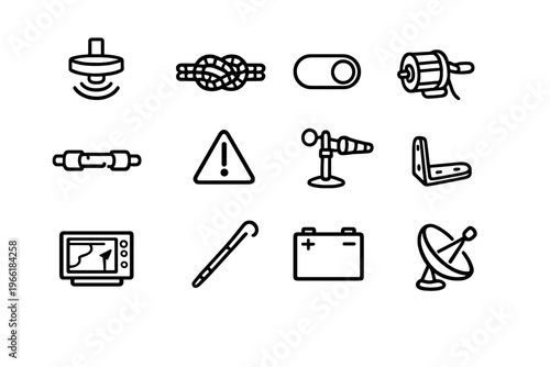 A collection of twelve minimalist black line icons representing