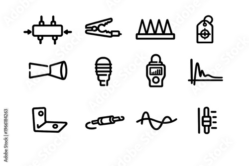 A collection of twelve minimalist black line icons representing