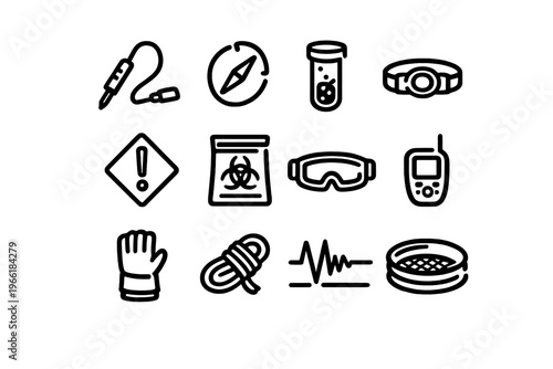 A set of twelve minimalist black line icons representing scientific