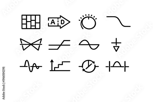 A collection of twelve minimalist black line icons representing audio