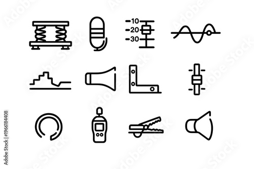 A collection of twelve black line icons representing sound