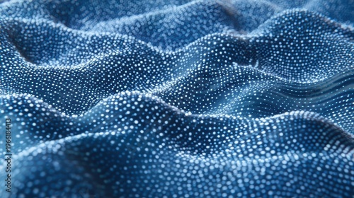 Abstract flowing waves of blue dots with shimmering highlights and deep shadows