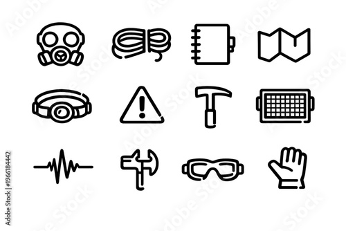 A collection of twelve minimalist black and white line icons